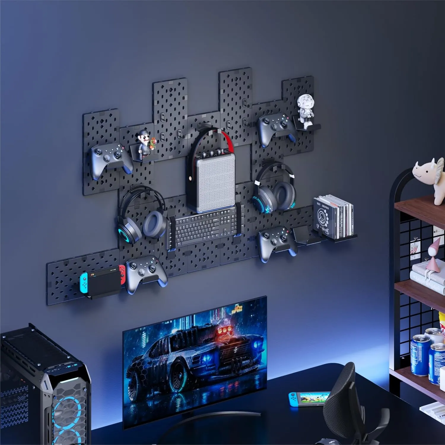 PEGZONE Controller and Headphone Holder Wall Mount, Modular Gaming Pegboard with Accessories, Controller Stand for Xbox PS5 PS4 Switch, Video Game Storage, Disc Shelf Organizer, 14pcs Pegboard, Black