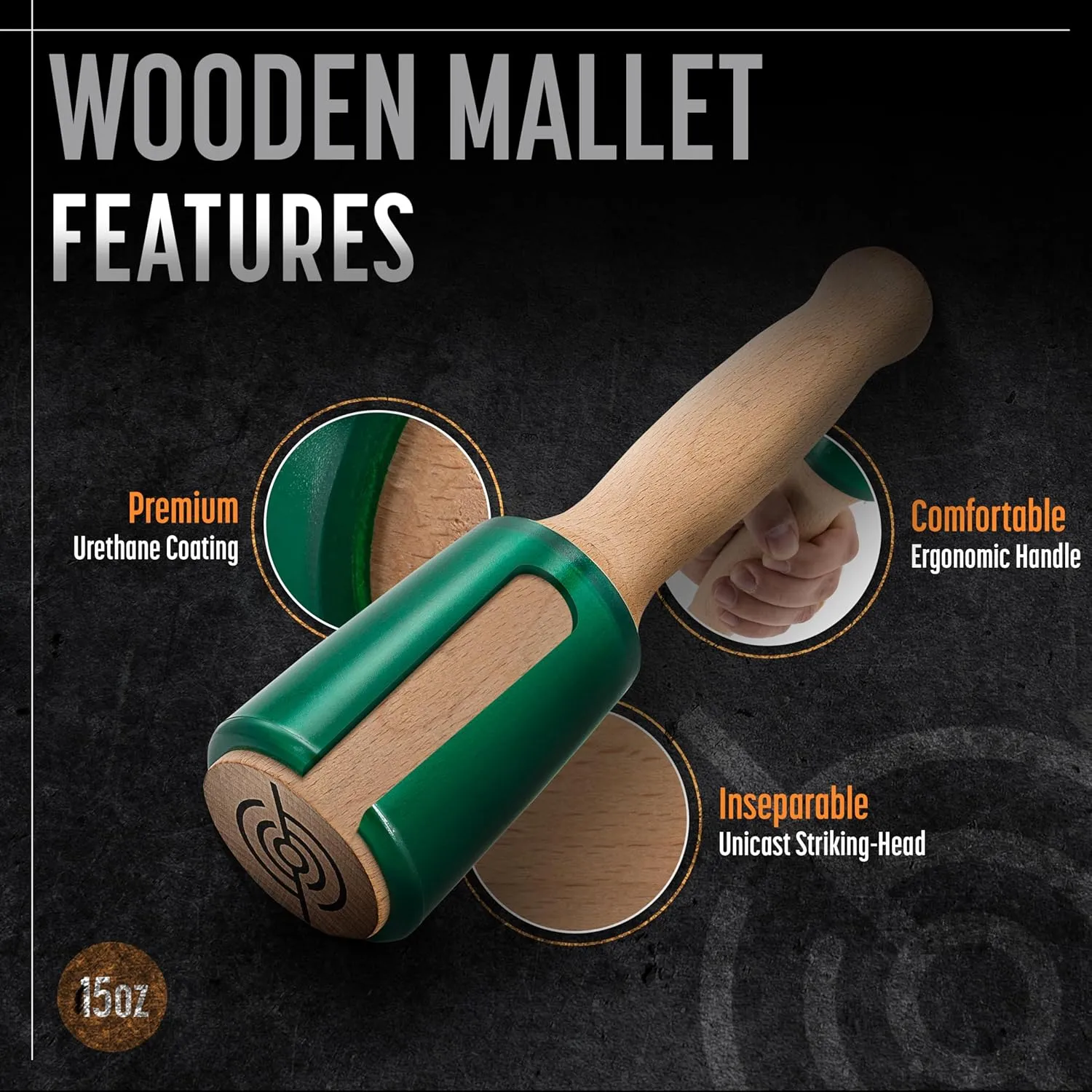 Precision Wood Carving Mallet, 15oz Chisel Mallet for Woodworking, Comfortable Wooden Mallet Handle Reduces Hand Fatigue, Non-Marring Urethane Head Protects Tools, Chisel Hammer from Schaaf Tools