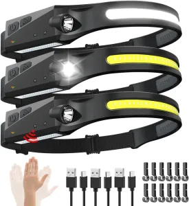 Rechargeable Headlamp 3PCS, 230 Wide Beam Head Lamp, Motion Sensor LED Headlamp Rechargeable, 5Mode Bright Headlamps for Adults, Head Lights for Forehead, Hard Hat Headlight, Camping Essentials Gear