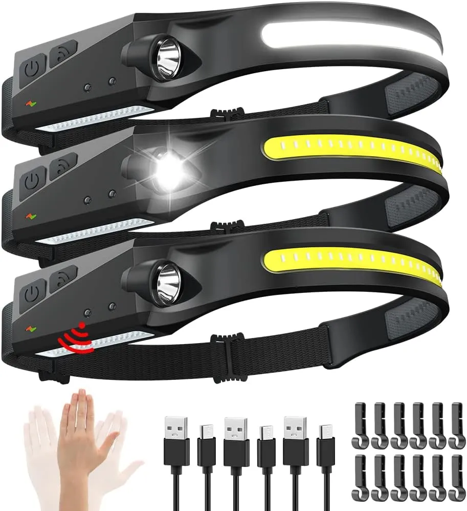 Rechargeable Headlamp 3PCS, 230 Wide Beam Head Lamp, Motion Sensor LED Headlamp Rechargeable, 5Mode Bright Headlamps for Adults, Head Lights for Forehead, Hard Hat Headlight, Camping Essentials Gear