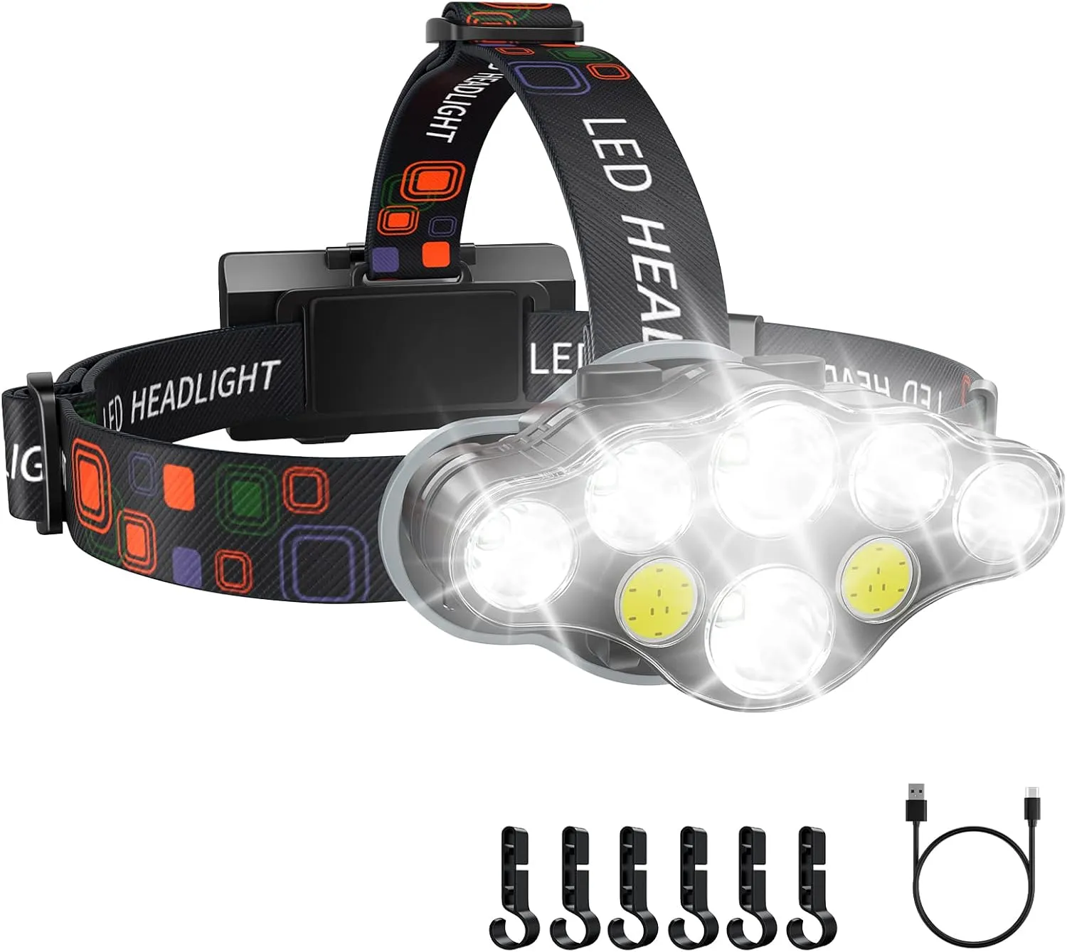 Rechargeable Headlamp, 8 LED Bright Headlamp with Red Light, IPX4 Waterproof USB Headlight, Head Lamp, 8 Modes for Outdoor Running Hunting Hiking Camping Gear