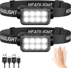 Rechargeable Headlamp Flashlight 2-Pack, 8 LED 2500 Lumen Ultra-Light Bright Headlight with Motion Sensor, Waterproof Lightweight Head Lamp for Adult Kid, Headlamps for Outdoor Camping Running Fishing