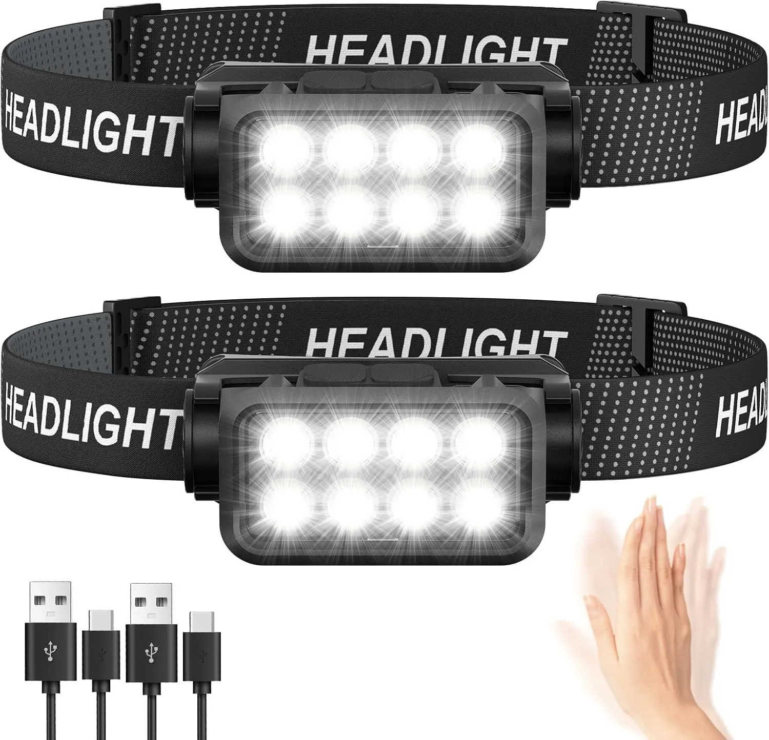 Rechargeable Headlamp Flashlight 2-Pack, 8 LED 2500 Lumen Ultra-Light Bright Headlight with Motion Sensor, Waterproof Lightweight Head Lamp for Adult Kid, Headlamps for Outdoor Camping Running Fishing
