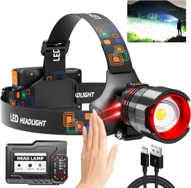 Rechargeable Headlamp High Lumens, Super Bright LED Head Lamp with Motion Sensor, 5 Modes, IPX7 Waterproof, 125 Adjustable, Zoomable Headlight for Adults, Camping, Cycling, Running