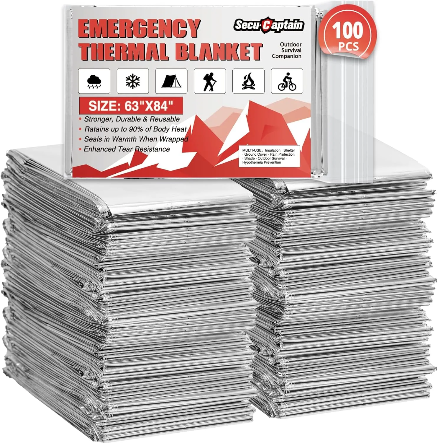 SecuCaptain Survival Emergency Thermal Blankets: Extra Large 84 x63 Space Mylar Blanket Kit for Outdoor Cold Winter Camping Hiking Car Bug Out Bag or First Aid - 100 Pack