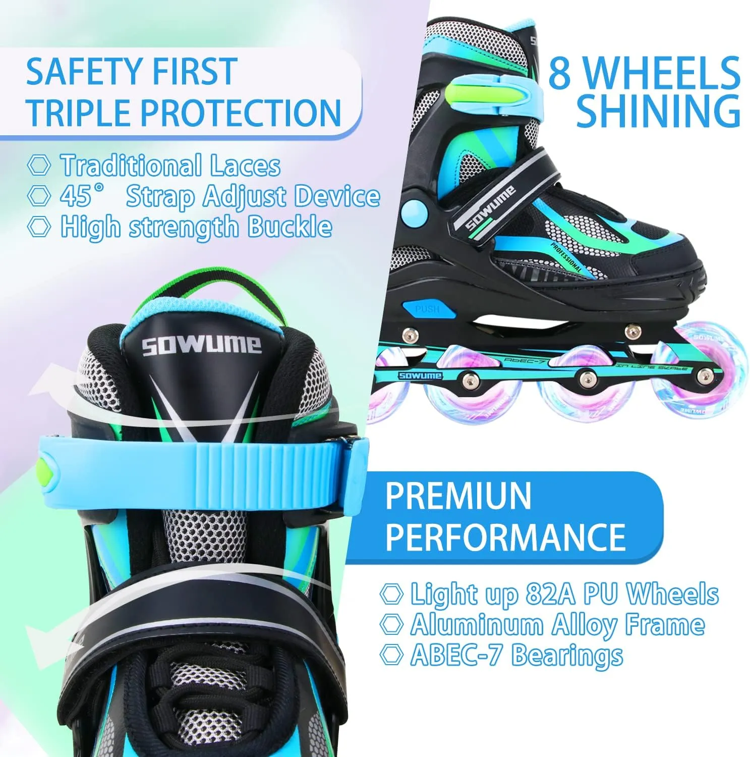 Sowume Adjustable Inline Skates for Girls and Boys, Roller Skates with All Light Up Wheels, Patines para Mujer for Kids and Adults, Men, Women