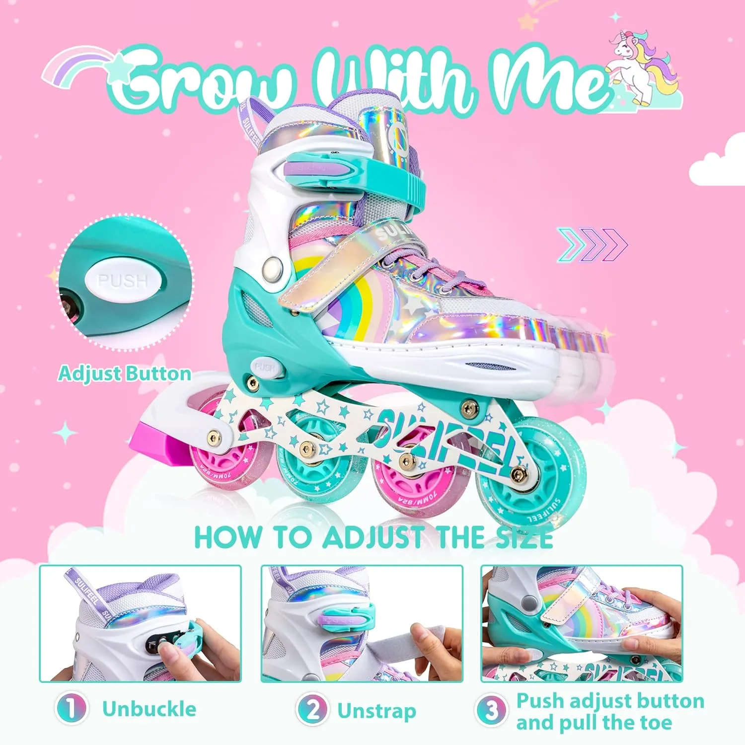 SULIFEEL Rainbow Unicorn Inline Skates for Girls Boys 4 Size Adjustable Light up Wheels Skates for Kids Beginner