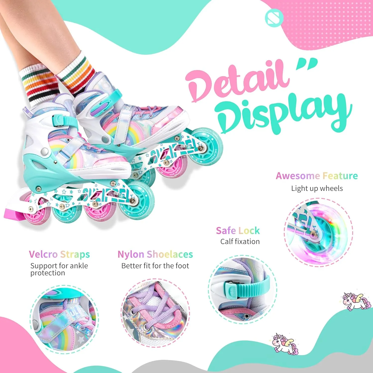 SULIFEEL Rainbow Unicorn Inline Skates for Girls Boys 4 Size Adjustable Light up Wheels Skates for Kids Beginner
