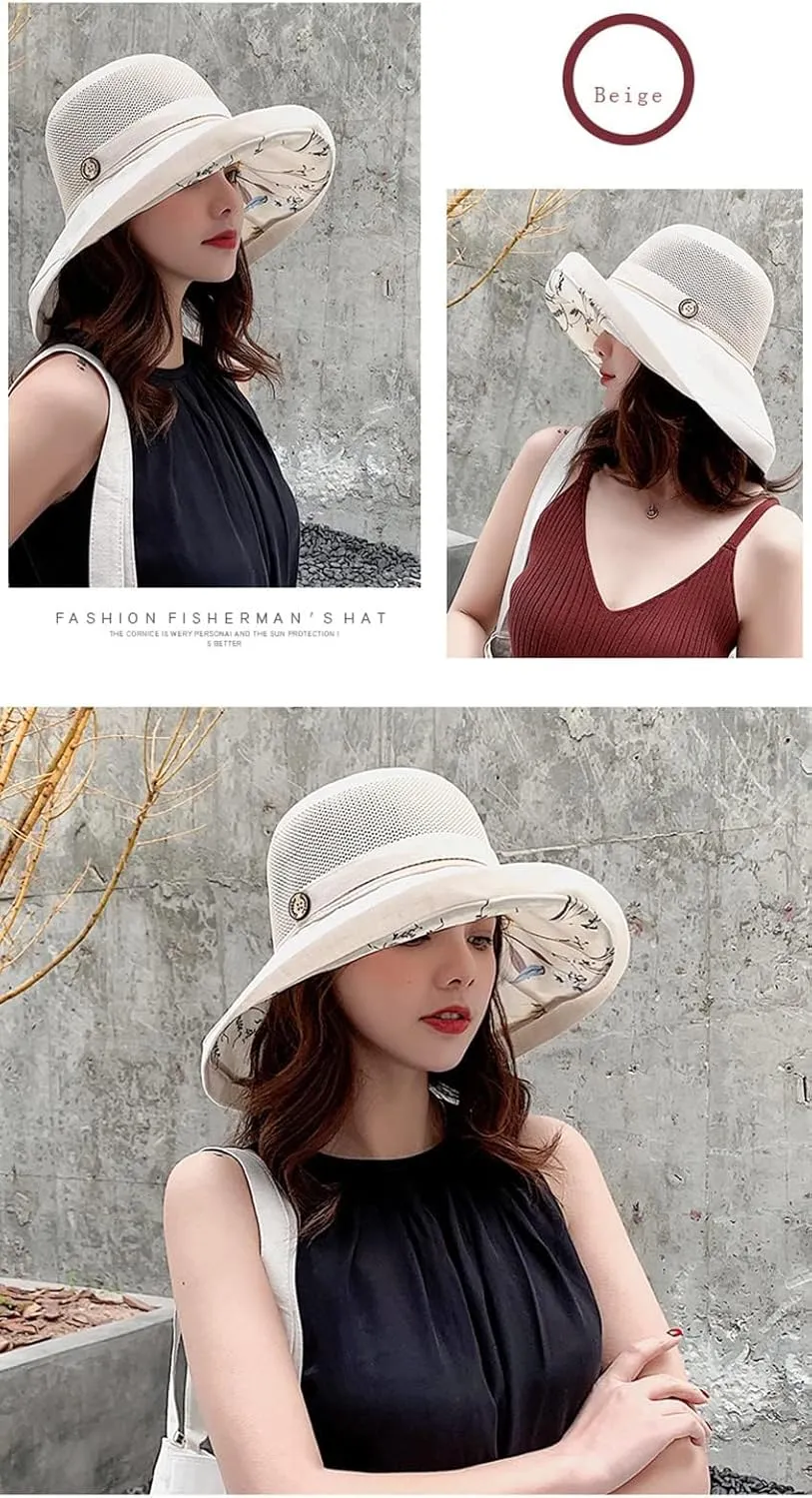 Summer Mesh Sun Hats for Women UV Protection Wide Brim Packable Beach Bucket Hat