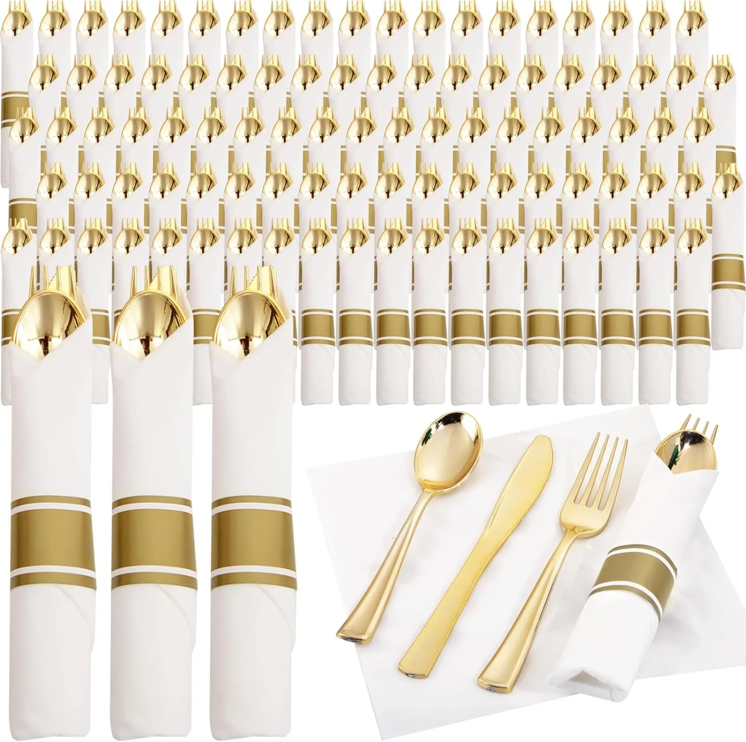 Supernal 120 Pack Gold Plastic Cutlery Set with Napkin, Wrapped Disposable Silverware, Pre Rolled Napkins