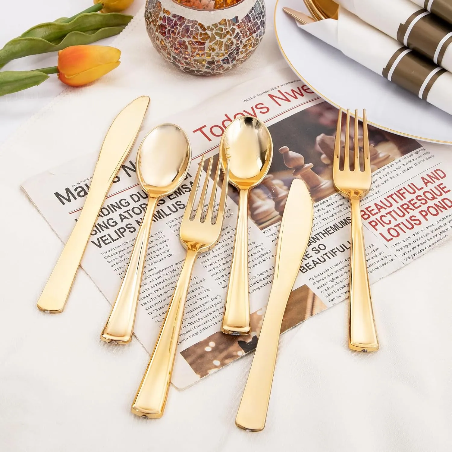 Supernal 120 Pack Gold Plastic Cutlery Set with Napkin, Wrapped Disposable Silverware, Pre Rolled Napkins