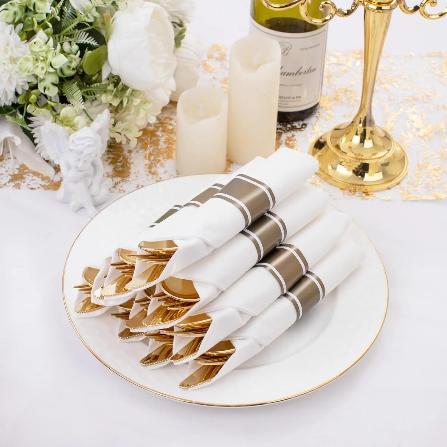 Supernal 120 Pack Gold Plastic Cutlery Set with Napkin, Wrapped Disposable Silverware, Pre Rolled Napkins