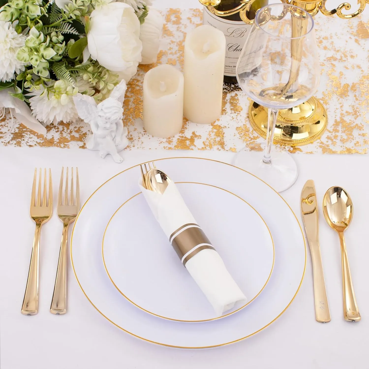 Supernal 120 Pack Gold Plastic Cutlery Set with Napkin, Wrapped Disposable Silverware, Pre Rolled Napkins