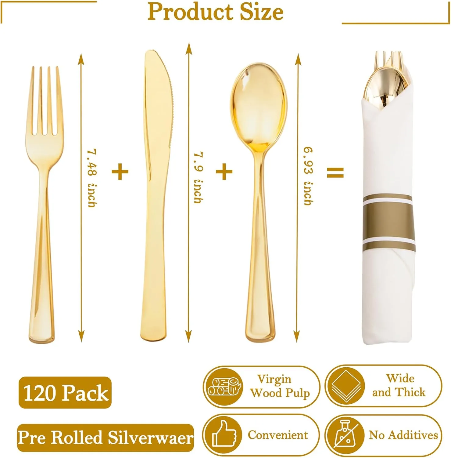 Supernal 120 Pack Gold Plastic Cutlery Set with Napkin, Wrapped Disposable Silverware, Pre Rolled Napkins
