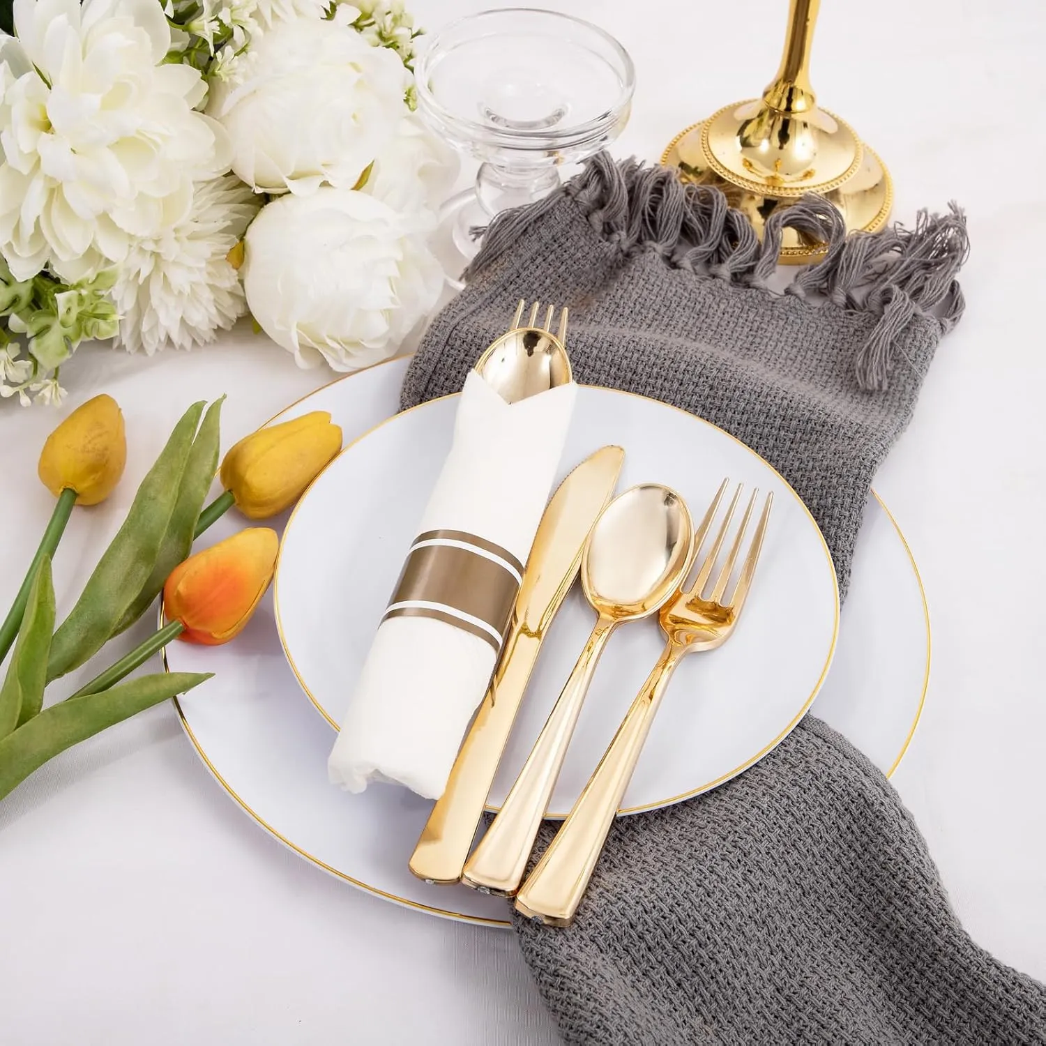 Supernal 120 Pack Gold Plastic Cutlery Set with Napkin, Wrapped Disposable Silverware, Pre Rolled Napkins