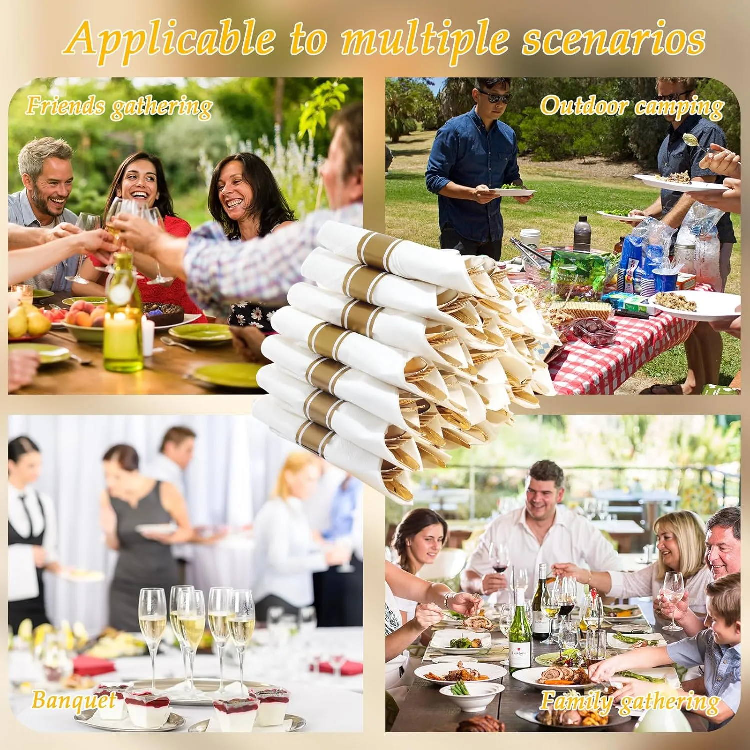 Supernal 120 Pack Gold Plastic Cutlery Set with Napkin, Wrapped Disposable Silverware, Pre Rolled Napkins
