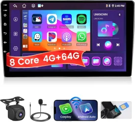 Support SIM Card 8 Core 4 64GB Android 13 Car Stereo Double Din Radio with Wireless Carplay Android Auto, 10 Inch Android Radio WiFi, GPS Bluetooth 5.0 AM/FM/RDS Mic Backup Camera EQ DSP