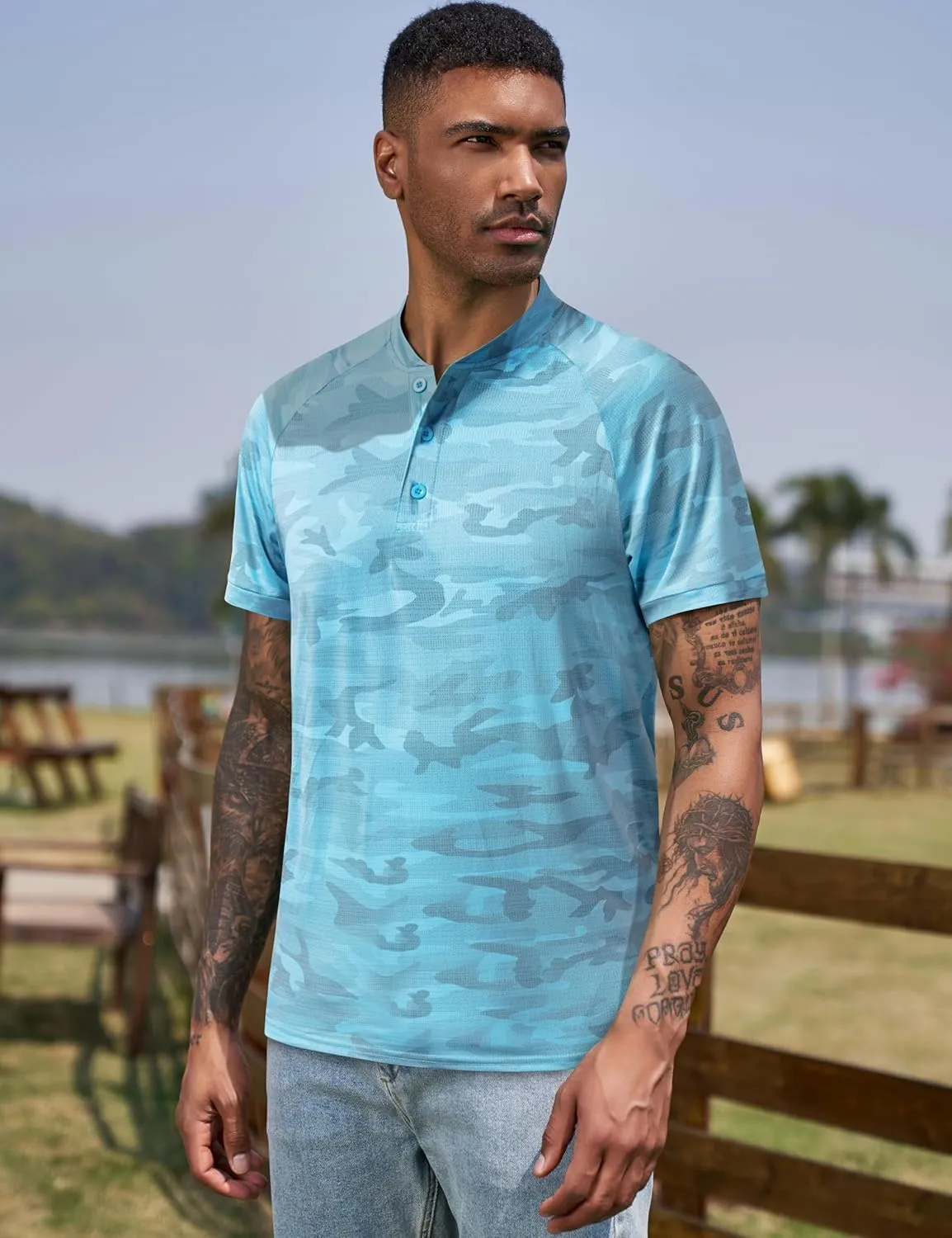 TAPULCO Mens Collarless Golf Shirts Short Sleeve Dry Fit Stretch Casual Breathable Lightweight Tshirts