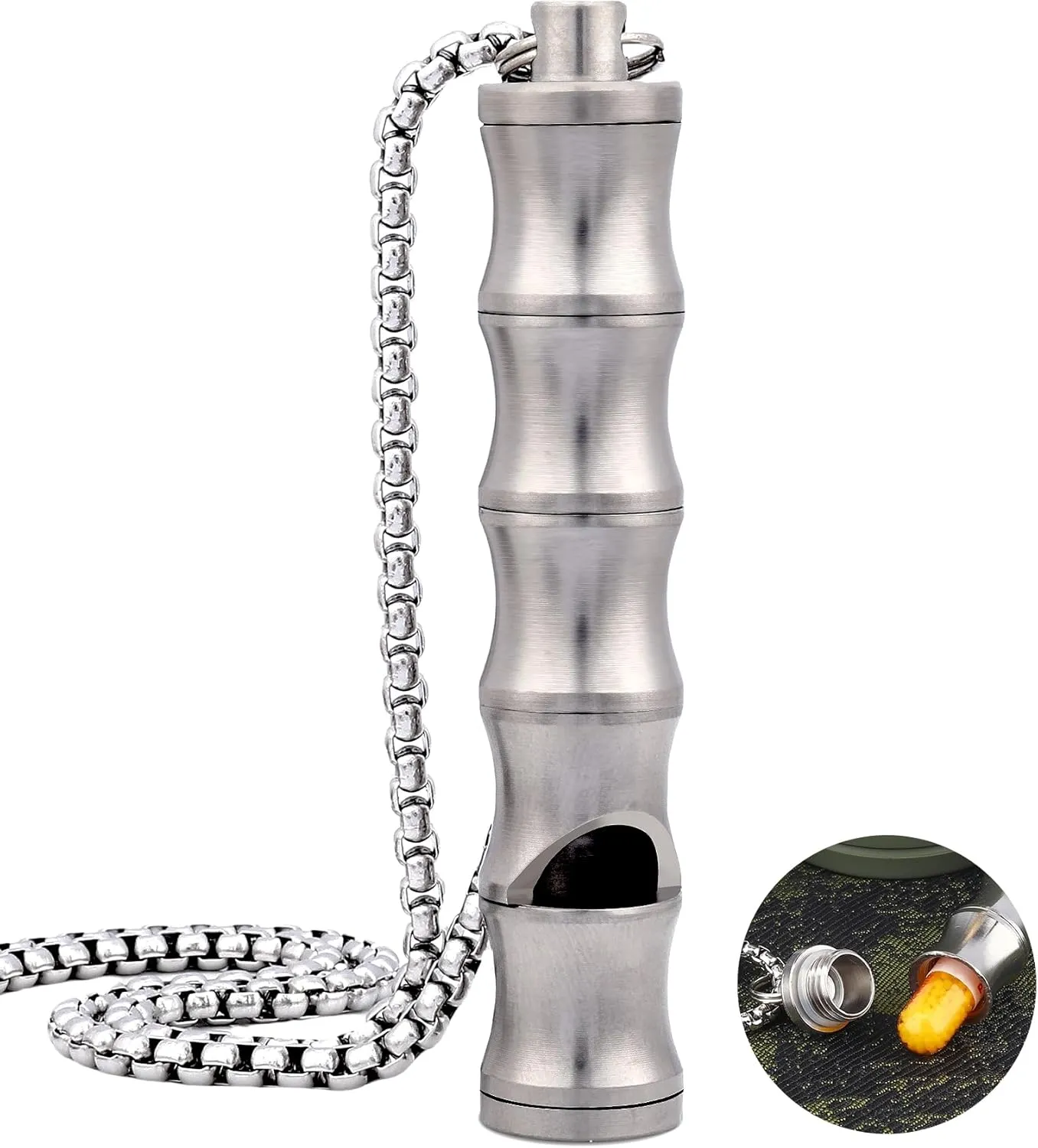 Titanium Pill Holder Necklace for Men Women Whistle Emergency Mini Nitro Pill Holders with Loud Whistles EDC Safety Backpacking Survival Whistle for Hiking Camping Pets Training