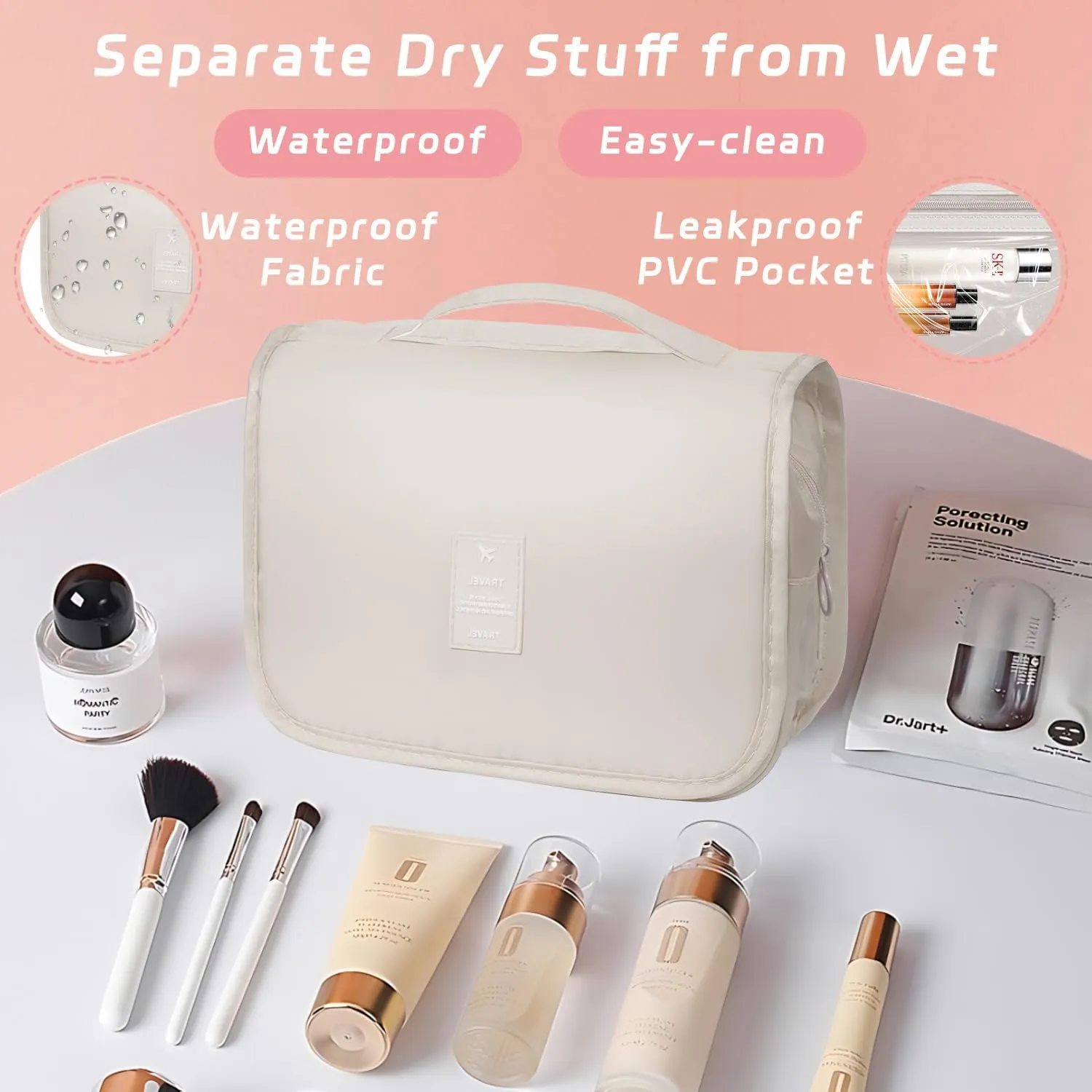 Toiletry Bag Travel Bag with Hanging Hook, Waterproof Capacity Hanging Multifunctional Makeup Bag for Toiletries, Portable Cosmetic Bag Travel Organizer for Women and Men(Beige)