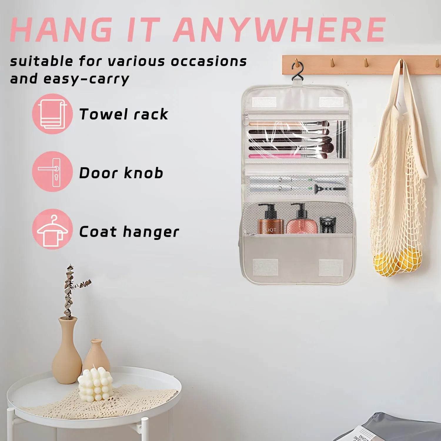 Toiletry Bag Travel Bag with Hanging Hook, Waterproof Capacity Hanging Multifunctional Makeup Bag for Toiletries, Portable Cosmetic Bag Travel Organizer for Women and Men(Beige)