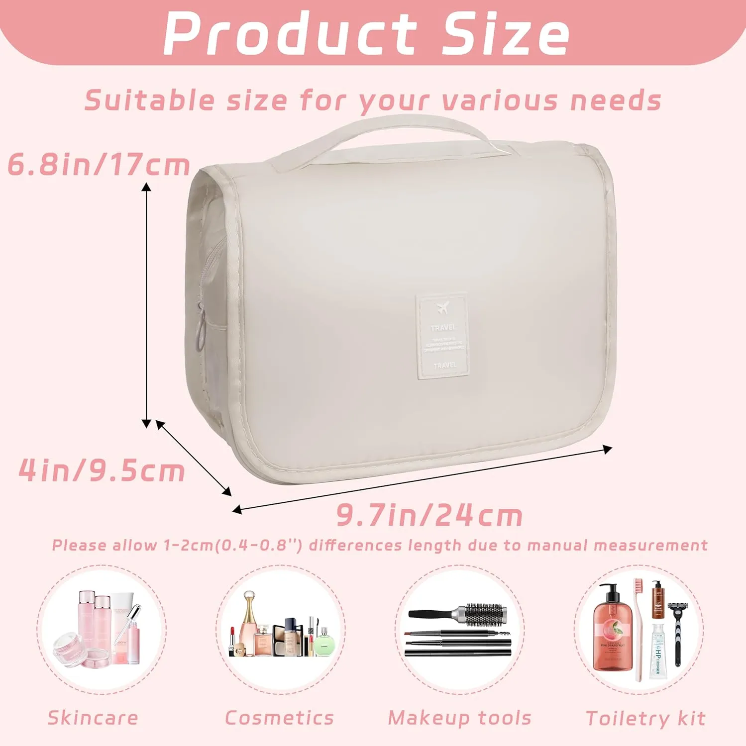 Toiletry Bag Travel Bag with Hanging Hook, Waterproof Capacity Hanging Multifunctional Makeup Bag for Toiletries, Portable Cosmetic Bag Travel Organizer for Women and Men(Beige)