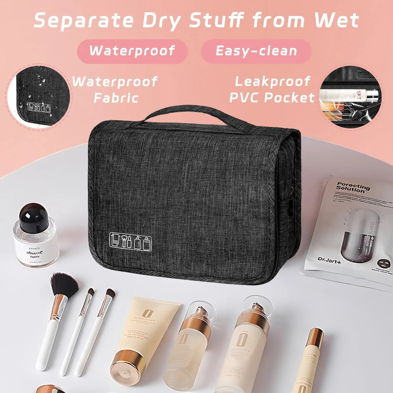 Toiletry Bag Travel Bag with Hanging Hook, Waterproof Capacity Hanging Multifunctional Makeup Bag for Toiletries, Portable Cosmetic Bag Travel Organizer for Women and Men(Black)
