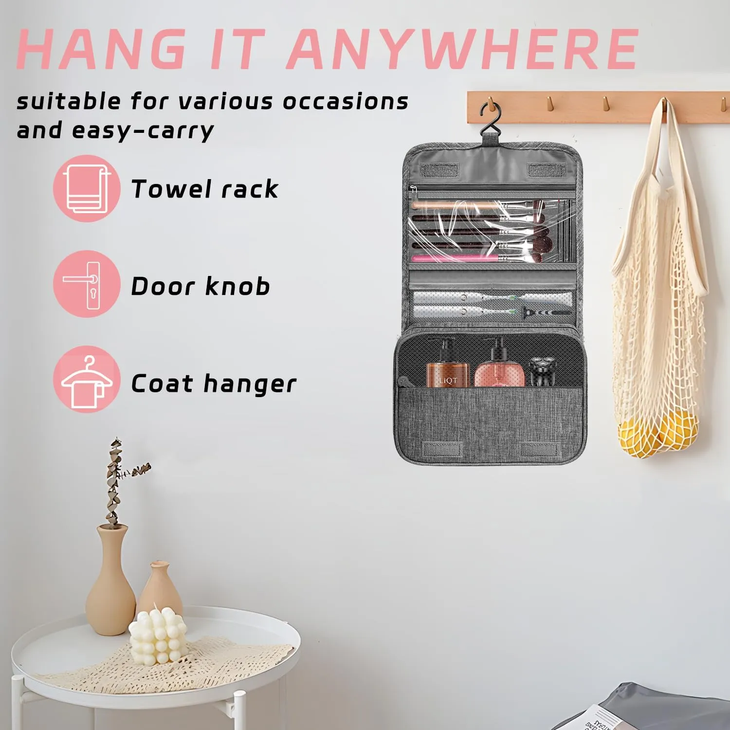 Toiletry Bag Travel Bag with Hanging Hook, Waterproof Capacity Hanging Multifunctional Makeup Bag for Toiletries, Portable Cosmetic Bag Travel Organizer for Women and Men(Grey)