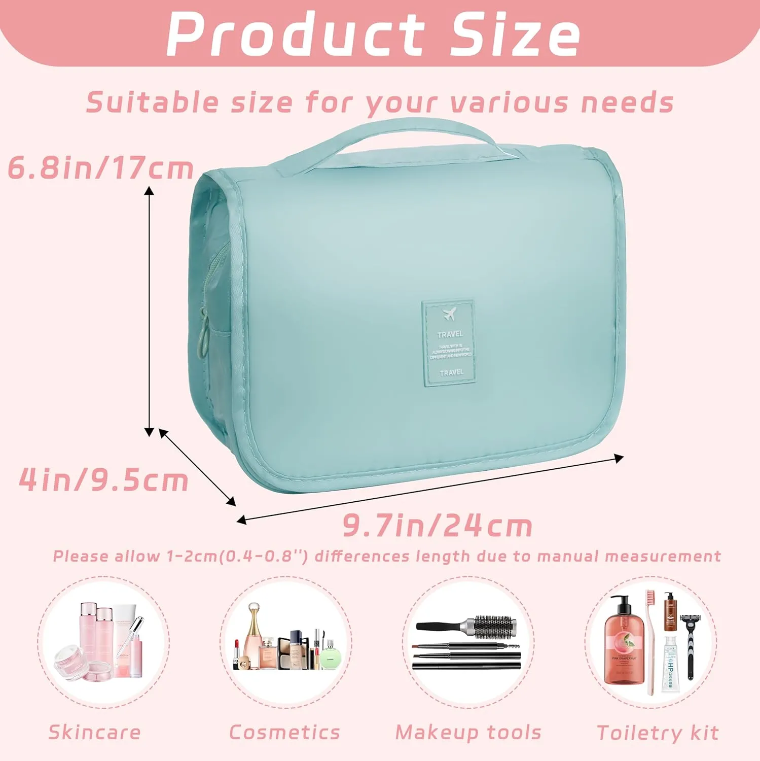 Toiletry Bag Travel Bag with Hanging Hook, Waterproof Capacity Hanging Multifunctional Makeup Bag for Toiletries, Portable Cosmetic Bag Travel Organizer for Women and Men(Light Blue)