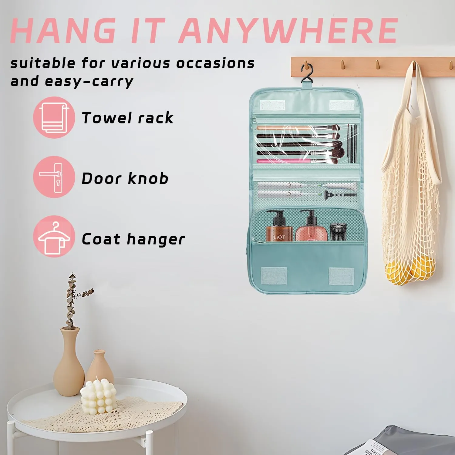 Toiletry Bag Travel Bag with Hanging Hook, Waterproof Capacity Hanging Multifunctional Makeup Bag for Toiletries, Portable Cosmetic Bag Travel Organizer for Women and Men(Light Blue)