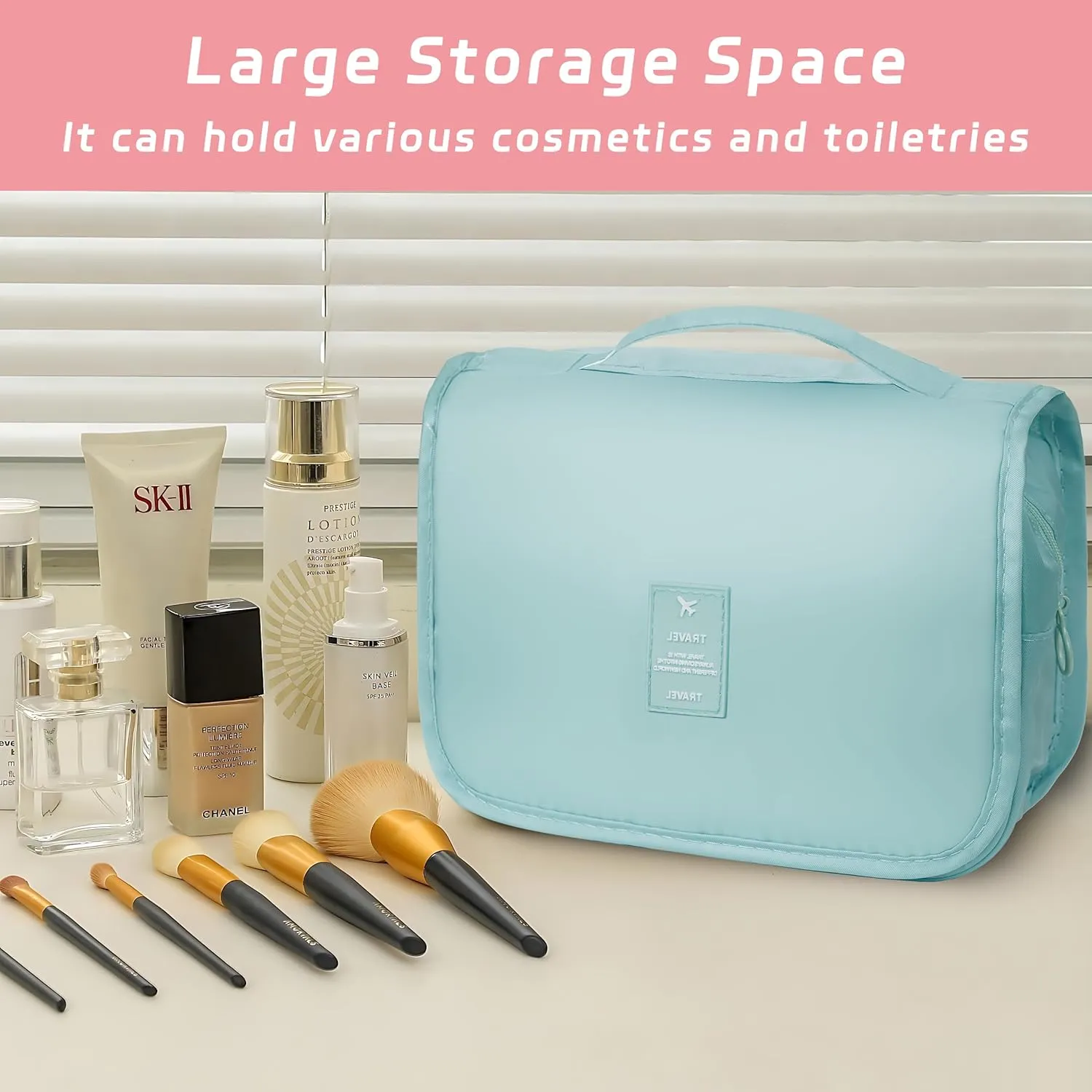 Toiletry Bag Travel Bag with Hanging Hook, Waterproof Capacity Hanging Multifunctional Makeup Bag for Toiletries, Portable Cosmetic Bag Travel Organizer for Women and Men(Light Blue)