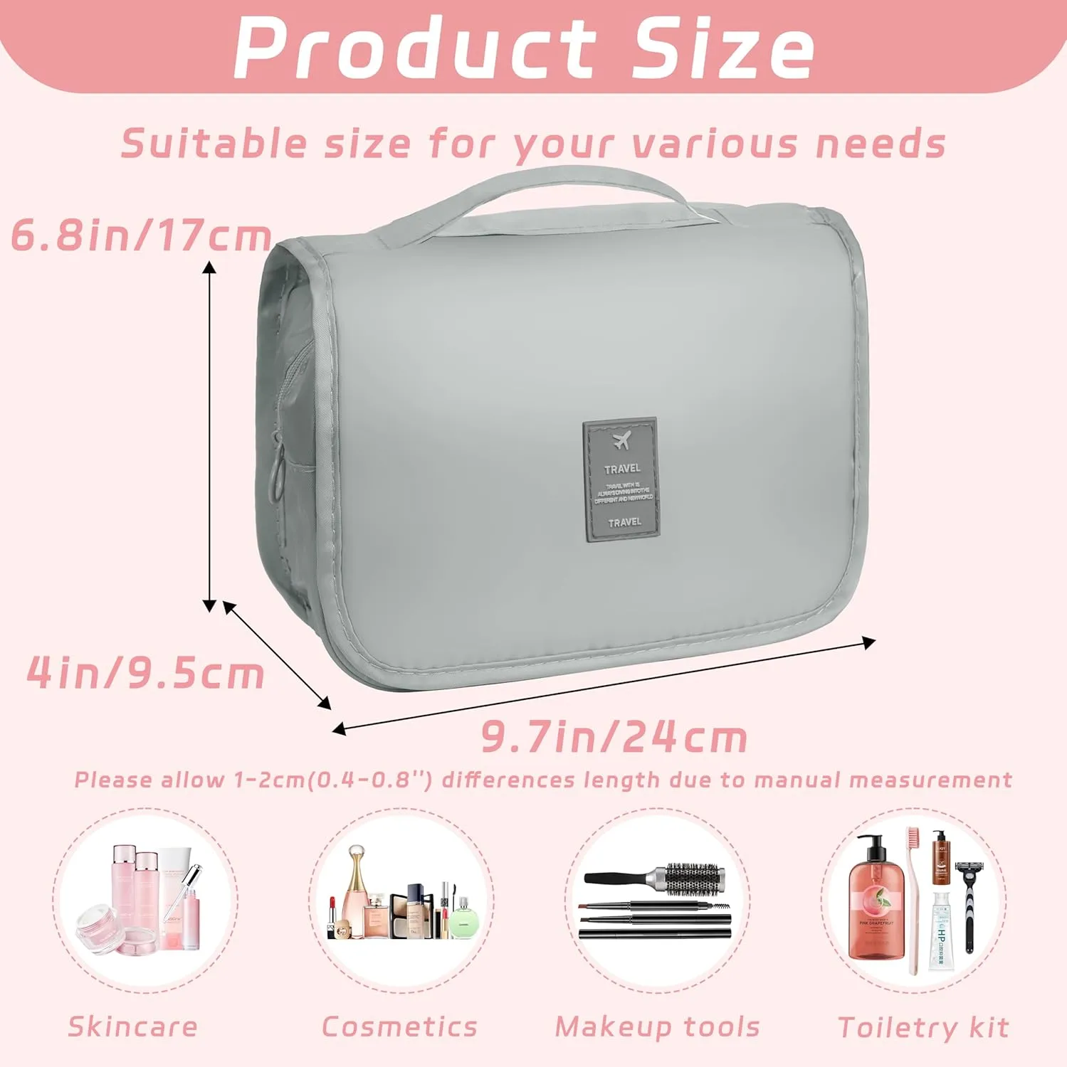 Toiletry Bag Travel Bag with Hanging Hook, Waterproof Capacity Hanging Multifunctional Makeup Bag for Toiletries, Portable Cosmetic Bag Travel Organizer for Women and Men(Light Grey)