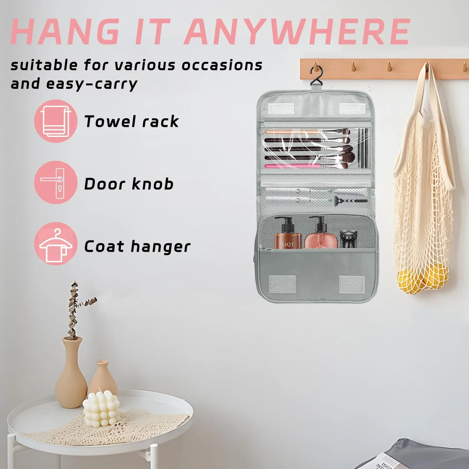 Toiletry Bag Travel Bag with Hanging Hook, Waterproof Capacity Hanging Multifunctional Makeup Bag for Toiletries, Portable Cosmetic Bag Travel Organizer for Women and Men(Light Grey)
