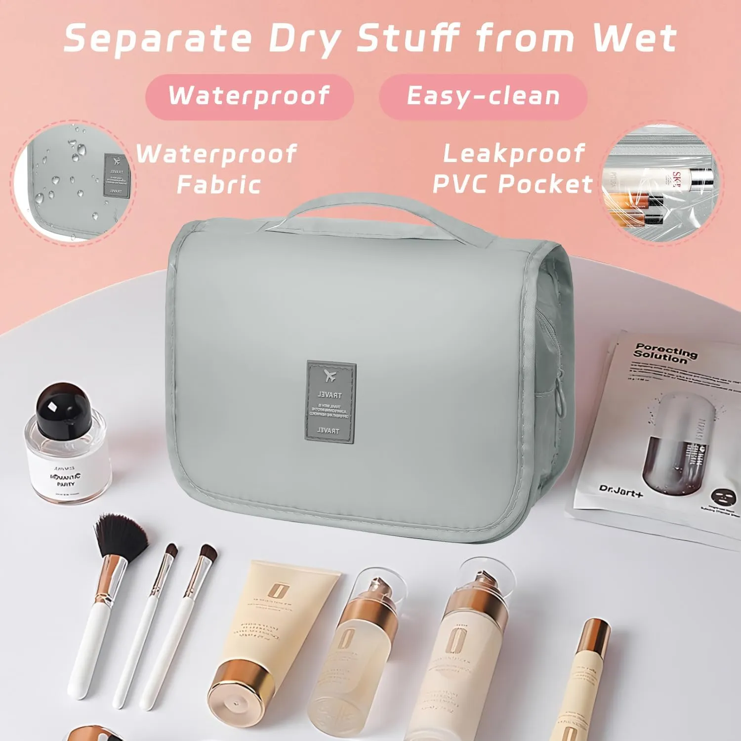 Toiletry Bag Travel Bag with Hanging Hook, Waterproof Capacity Hanging Multifunctional Makeup Bag for Toiletries, Portable Cosmetic Bag Travel Organizer for Women and Men(Light Grey)