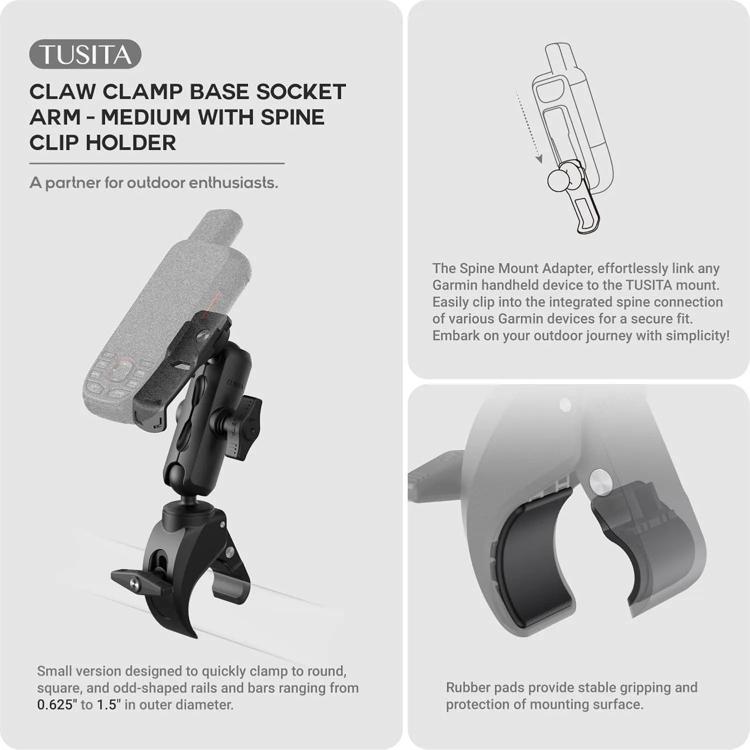 TUSITA Motorcycle ATV/UTV Mount Compatible with Garmin Handheld GPS - Claw Clamp Base, Medium Arm