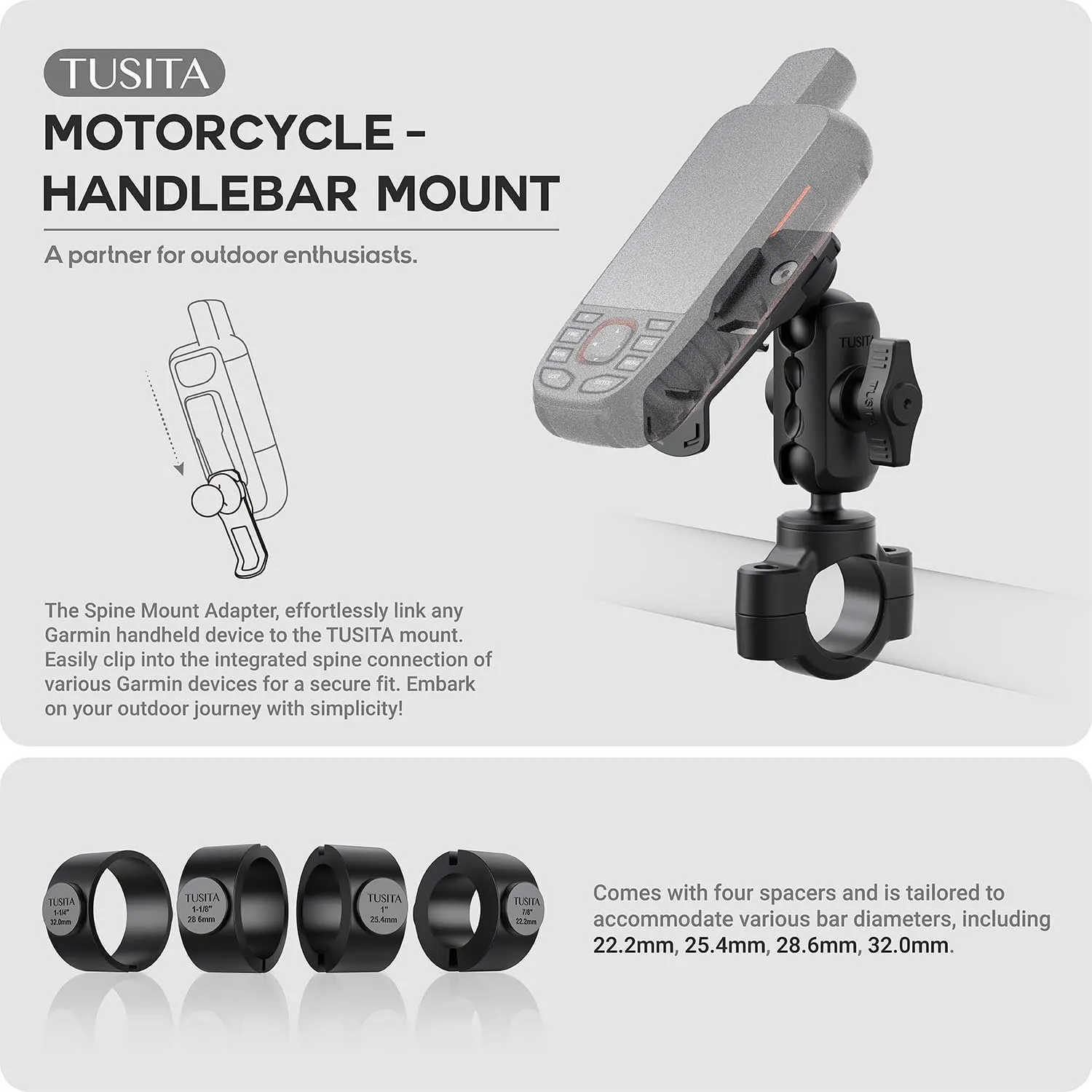 TUSITA Motorcycle GPS Mount - Holder Compatible with Garmin Handheld GPS - Double Socket Arm Handlebar Base