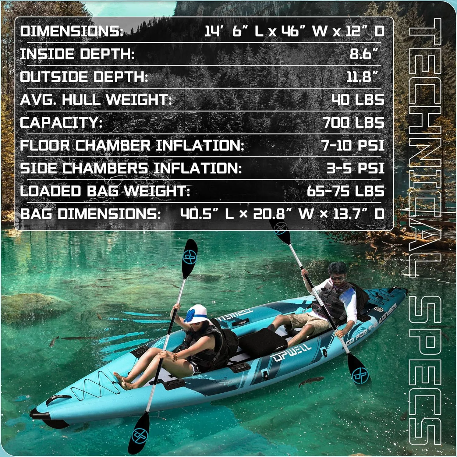 UPWELL 11'/14'6Inflatable Kayak with Drop Stitch Floor and Accessories Including Kayak Seat with Thickened Cushion, Paddle, Fin, Repair Kits, Carry Bag and Hand Pump