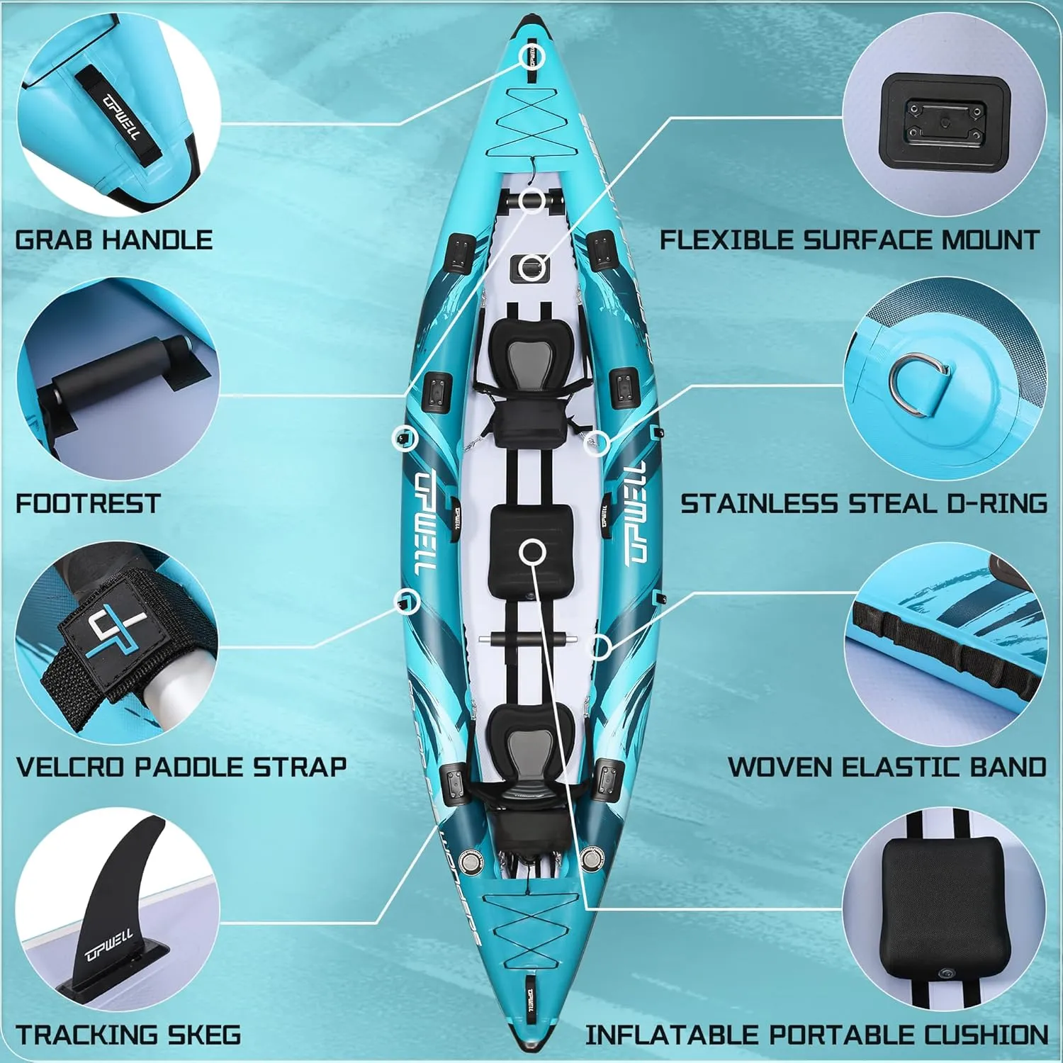 UPWELL 11'/14'6Inflatable Kayak with Drop Stitch Floor and Accessories Including Kayak Seat with Thickened Cushion, Paddle, Fin, Repair Kits, Carry Bag and Hand Pump