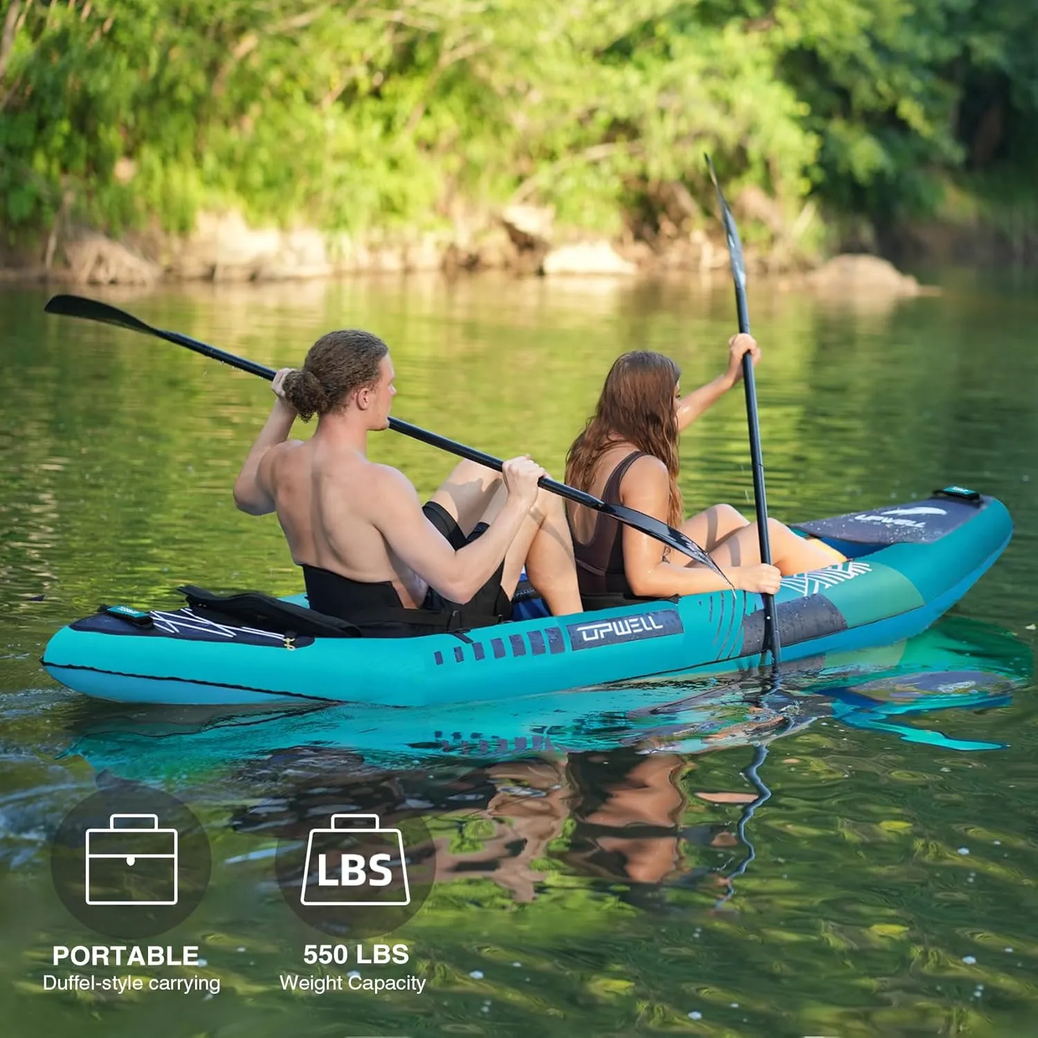 UPWELL 13'6/11' Inflatable Recreational Kayak - 2 Person with Drop Stitch Floor and Accessories Including Kayak Seats with High Back Support, Paddle, Fin, Repair Kits, Carry Bag and Hand Pump