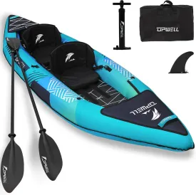 UPWELL 13'6/11' Inflatable Recreational Kayak - 2 Person with Drop Stitch Floor and Accessories Including Kayak Seats with High Back Support, Paddle, Fin, Repair Kits, Carry Bag and Hand Pump