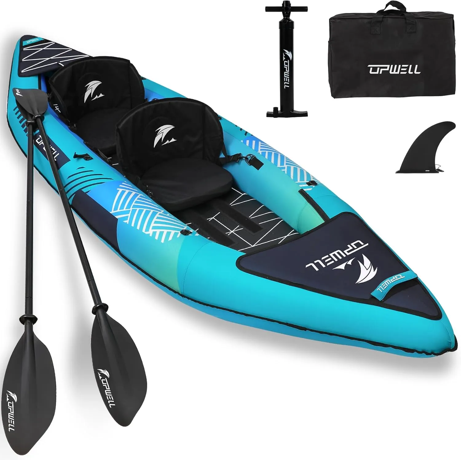 UPWELL 13'6/11' Inflatable Recreational Kayak - 2 Person with Drop Stitch Floor and Accessories Including Kayak Seats with High Back Support, Paddle, Fin, Repair Kits, Carry Bag and Hand Pump