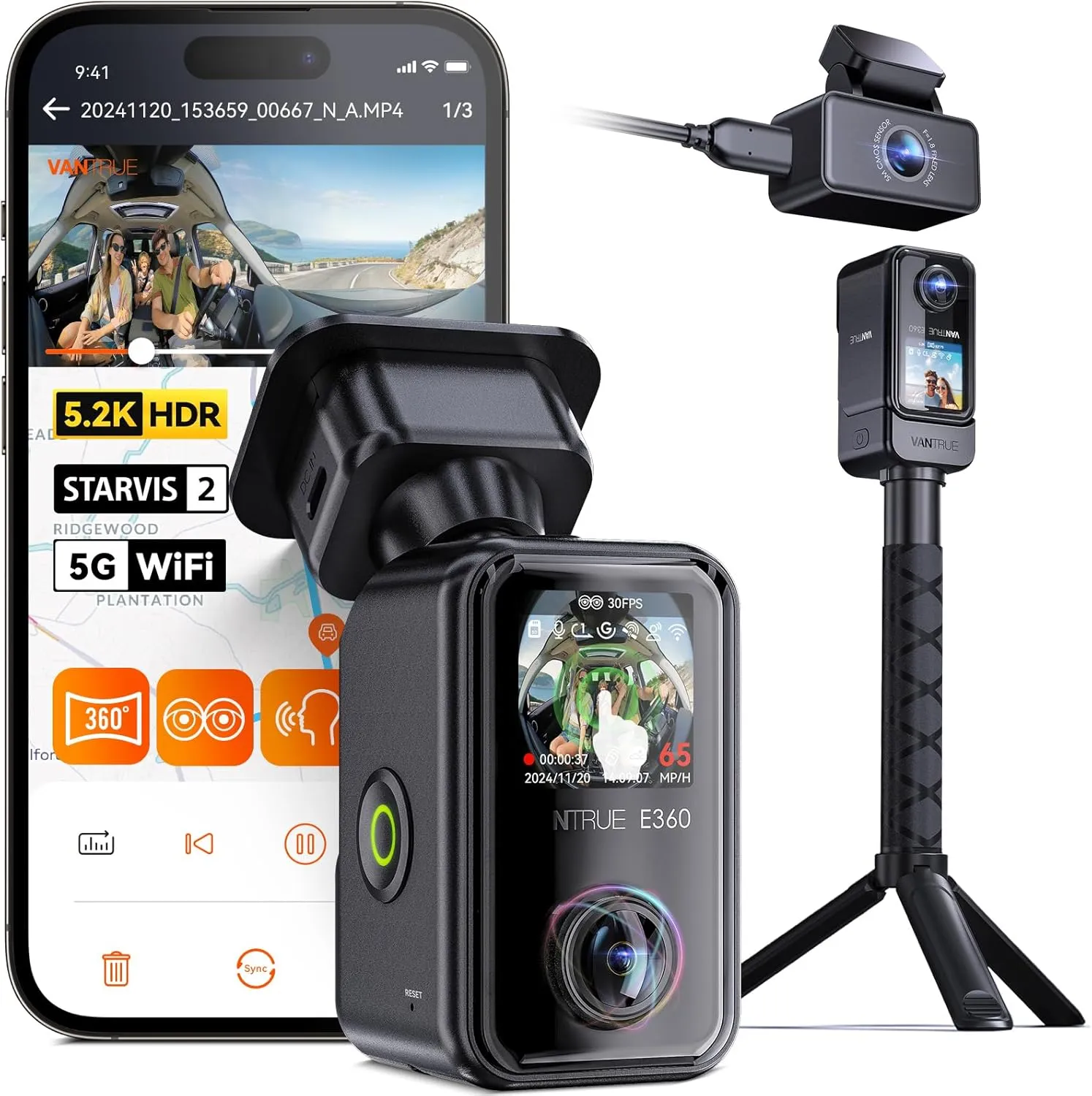 Vantrue E360 ACE 5.2K 360 Panoramic WiFi Dash Cam, Handheld Action Camera, STARVIS 2, HDR, IR Night Vision, Front Rear Inside Dashcam, Voice Control, GPS, 24/7 Parking Mode, Support LTE & 512GB Max