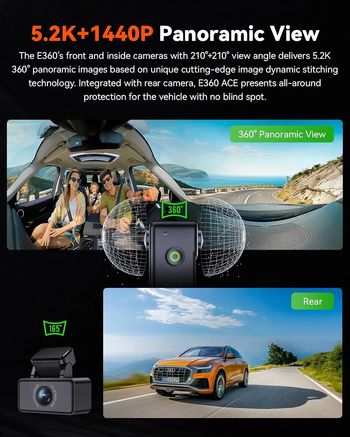 Vantrue E360 ACE 5.2K 360 Panoramic WiFi Dash Cam, Handheld Action Camera, STARVIS 2, HDR, IR Night Vision, Front Rear Inside Dashcam, Voice Control, GPS, 24/7 Parking Mode, Support LTE & 512GB Max