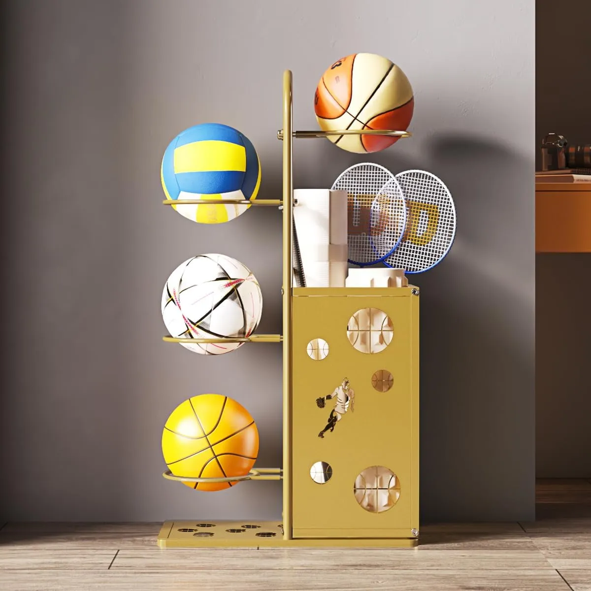 Vertical Basketball Storage Rack Easy to Assemble Sports Ball Storage Solution for Garage or Outdoor Use Space Saving Design (6 layers)