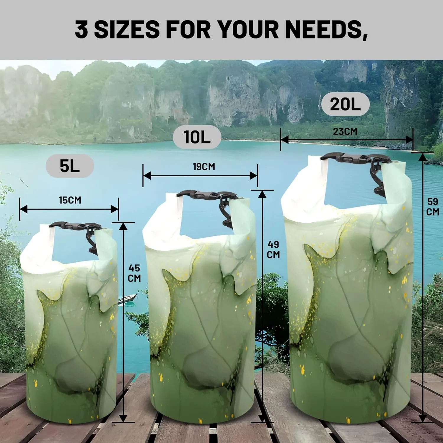 Waterproof Dry Bag,Roll Top Sage Green Marble Waterproof Backpack 5L/10L/20L Floating and Lightweight Bags for Kayaking, Boating, Fishing, Swimming and Camping