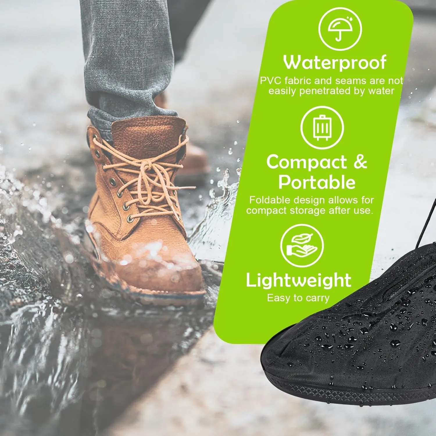 Waterproof Rain Boot Shoe Covers for Men Women with Reflector, Black Non-slip Reusable Boot Covers with Side Zipper, Foldable Anti-Snow Shoe Covers Rainproof Overshoes Over Shoes Galoshes