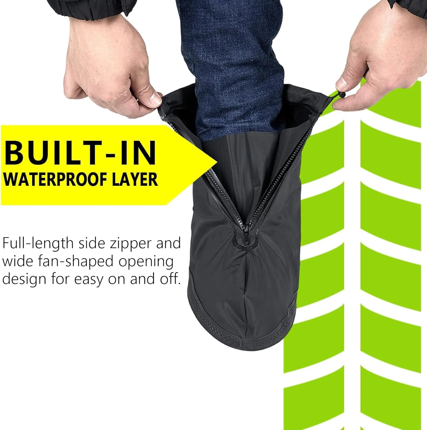 Waterproof Rain Boot Shoe Covers for Men Women with Reflector, Black Non-slip Reusable Boot Covers with Side Zipper, Foldable Anti-Snow Shoe Covers Rainproof Overshoes Over Shoes Galoshes