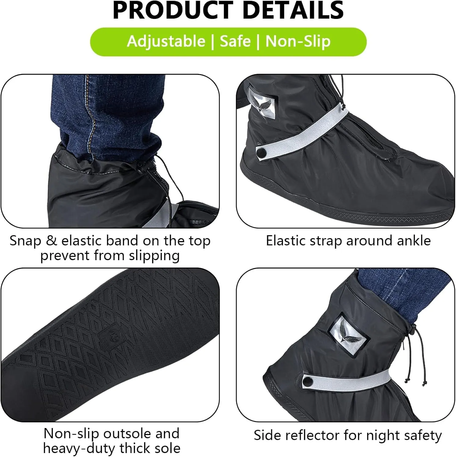 Waterproof Rain Boot Shoe Covers for Men Women with Reflector, Black Non-slip Reusable Boot Covers with Side Zipper, Foldable Anti-Snow Shoe Covers Rainproof Overshoes Over Shoes Galoshes