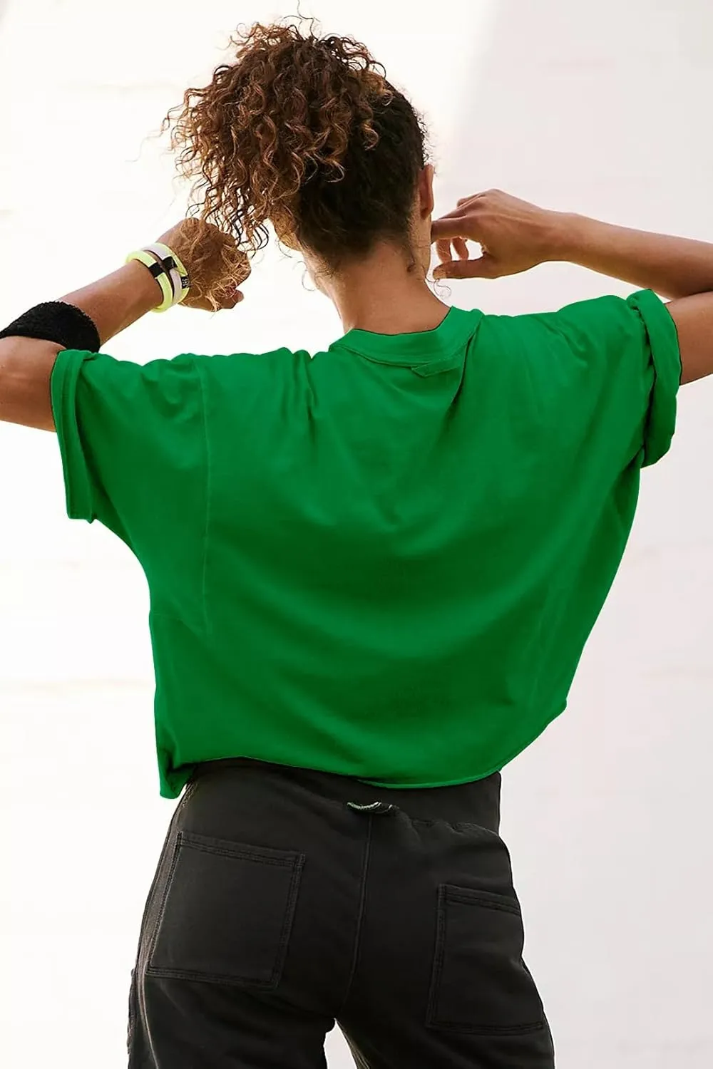 Women's Oversize Workout Crop Tops Casual Short Sleeve Drop Shoulder Boxy T-Shirts Roll Hem Basic Loose Yoga Running Tees
