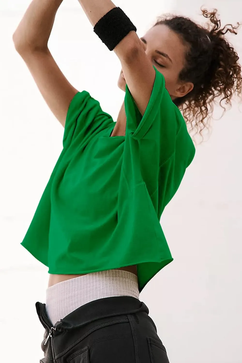 Women's Oversize Workout Crop Tops Casual Short Sleeve Drop Shoulder Boxy T-Shirts Roll Hem Basic Loose Yoga Running Tees
